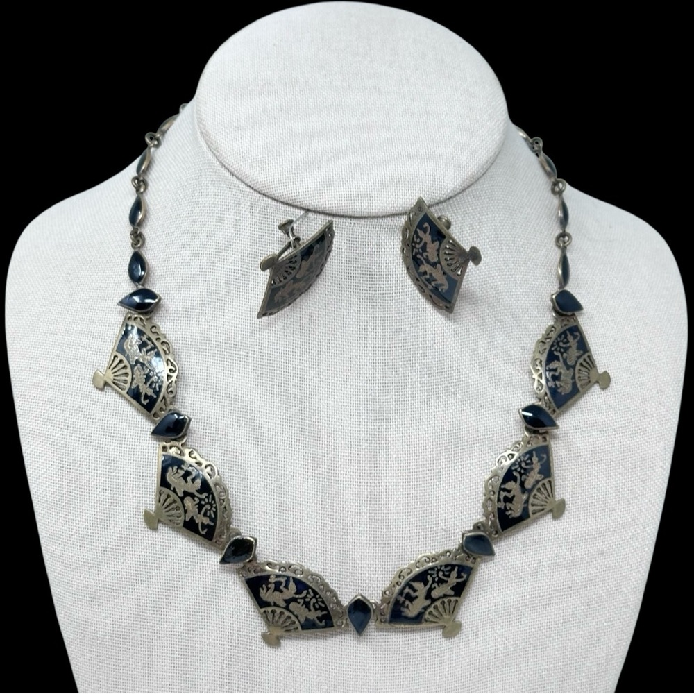 Siam Vintage 1940s Enamel Fan Goddess Dancers Necklace Screw Back Earrings Set